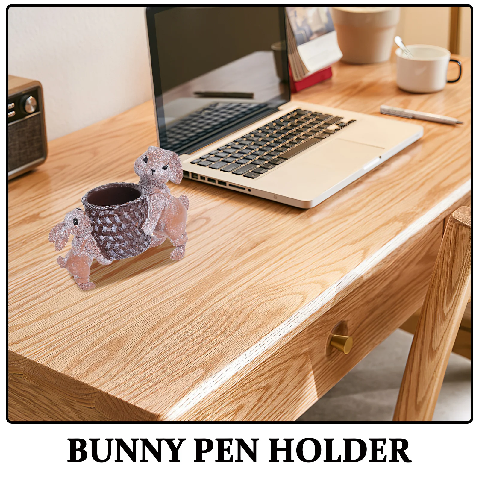 Cute Resin Bunny Pen Holder Easter Rabbit Desk Organizer with Realistic Bamboo Basket Desktop Storage Container
