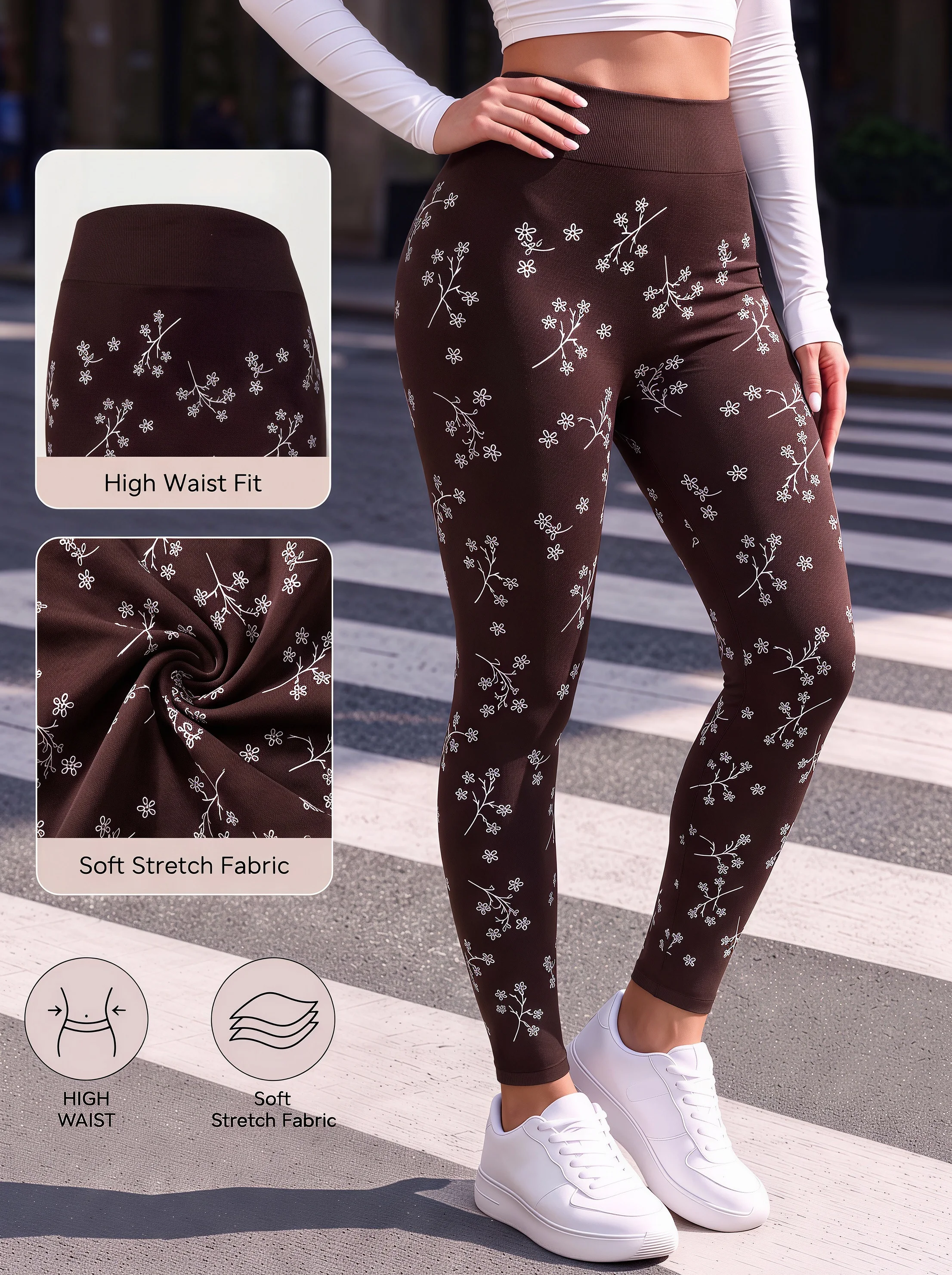 Women’s High Waist Seamless Floral Print Knitted Stretchy Leggings Casual Long Pants for Daily Commute Shopping Outings