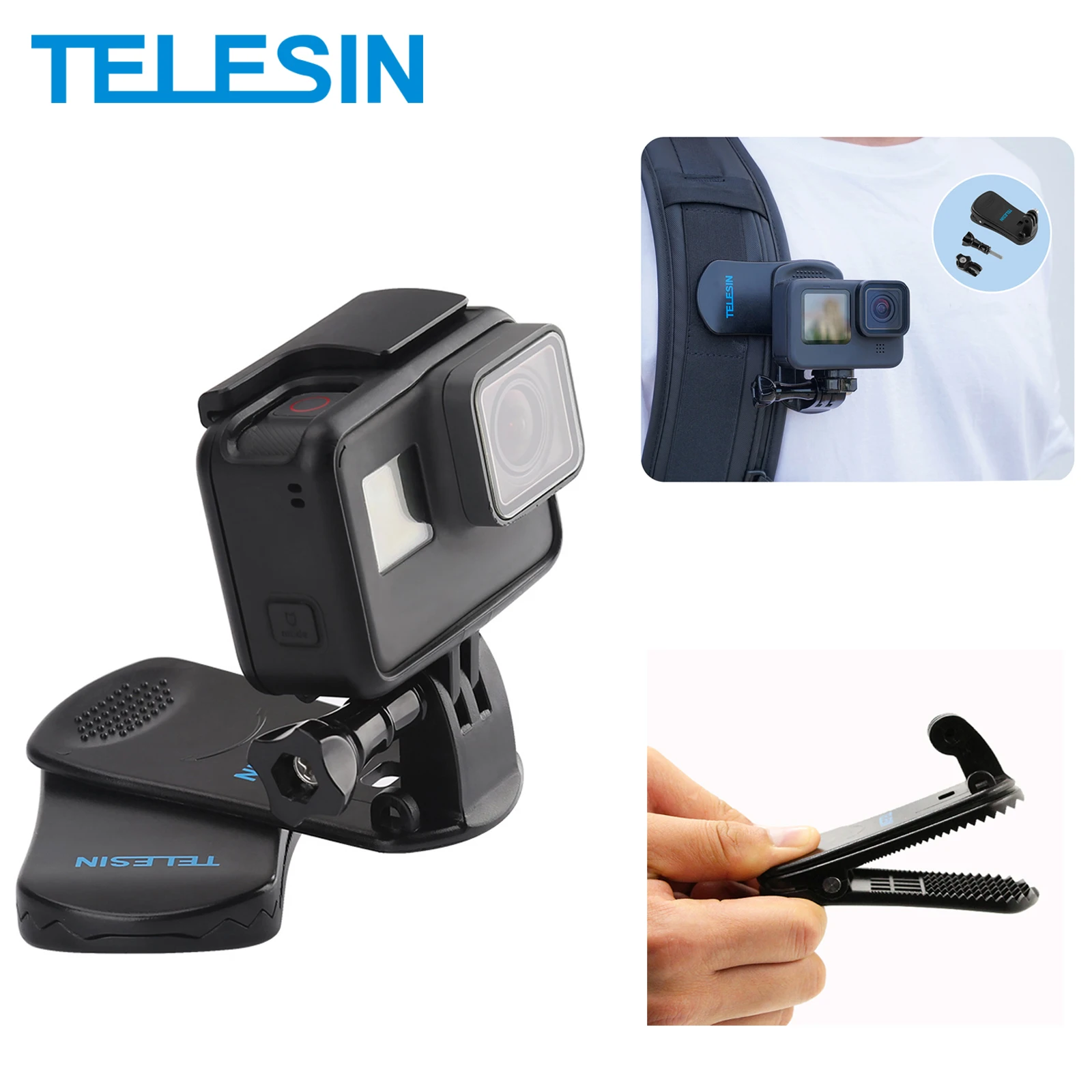 TELESIN Backpack Clip For GoPro Hero 13 12 11 10 9 8 7 360 Rotary Clip Mount for DJI Osmo Action Xiaoyi Insta360 Action Carema