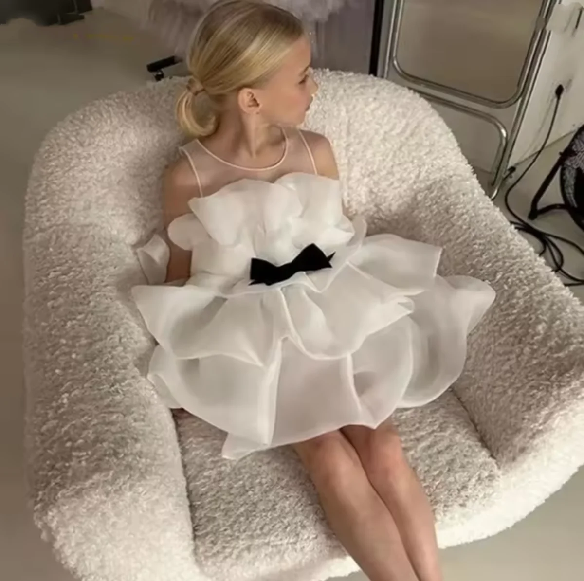 Puff babados céu azul flor menina vestido sem mangas mini a linha vestido para festa de aniversário de casamento primeira comunhão vestidos personalizados