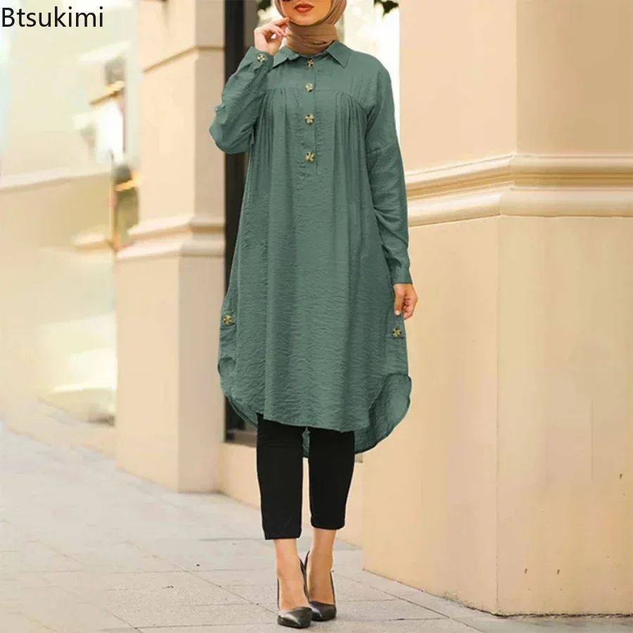 2024 Summer Muslim Solid Blouse for Women Simple Cotton Linen Long Shirt Saudi Arabia Islam Femme Tops Lady A-Line Shirt Dresses