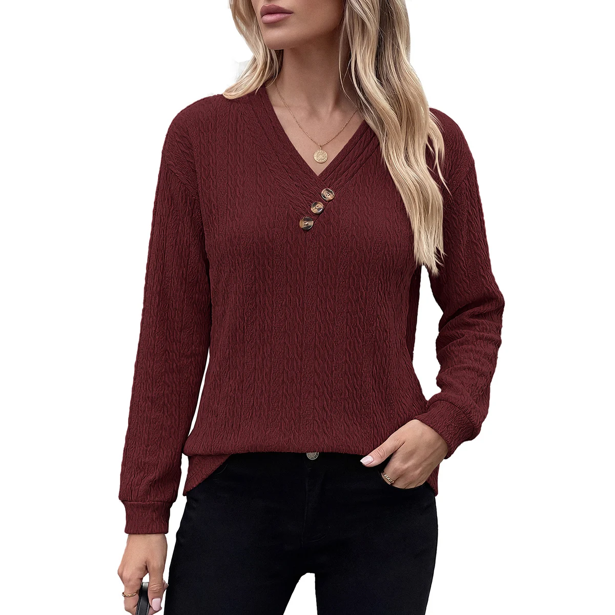 Women's Fashion Solid Color V-neck Button Down Loose Long Sleeved Tops Vertical Stripe Decoration Design