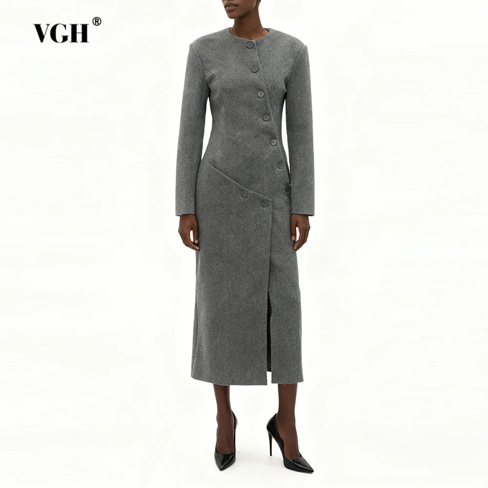 

VGH темпераментный однотонный утягивающий шерстяной плащ для женщин с круглым вырезом и длинными рукавами, нерегулярная шикарная куртка на пуговицах, женская новинка