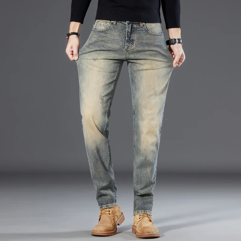 High quality retro jeans men's slim fit straight leg new washed casual American men's long pants denim jeans for men