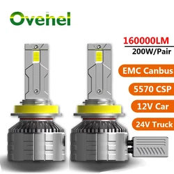 OVEHEL LED 캔버스 자동차 헤드라이트 전구, 자동 안개등, PTF STG 6000K 24V 트럭, 160000LM, 200W, 5570 H7, H11, H4, H1, HB3, 9005, HB4, H8