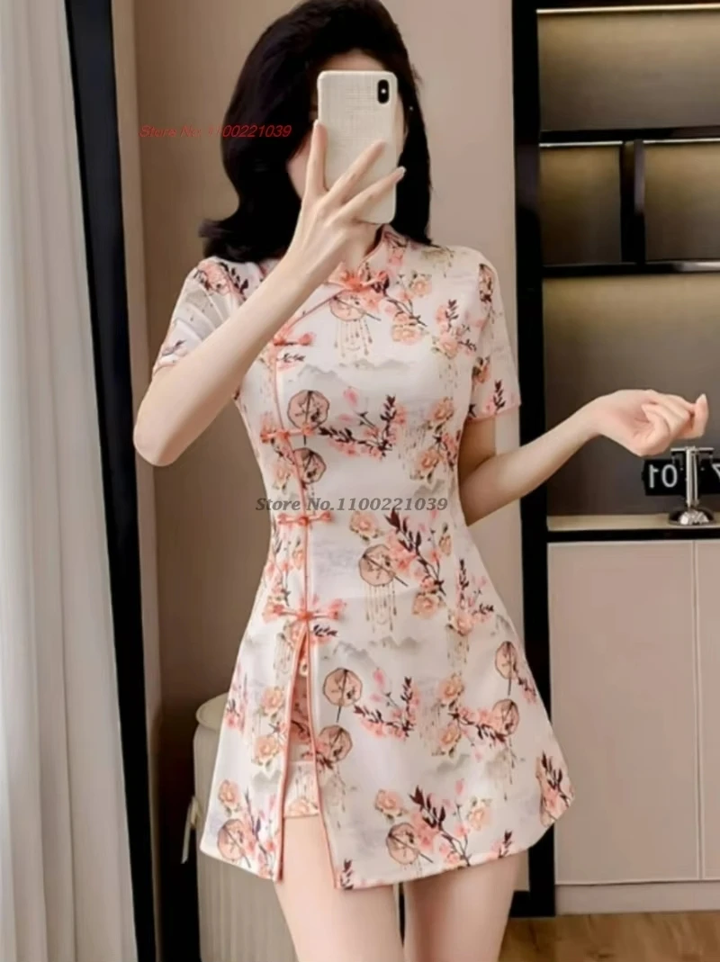 

2025 chinese national nightclub dress beauty uniform improved cheongsam flower print qipao dress+shorts set hotel spa work dress