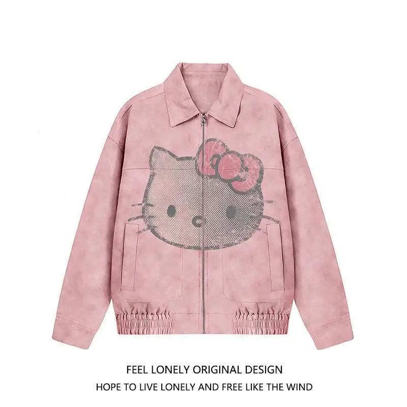 

Sanrio Hello Kitty Sweet Cute Print Leather Jacket Autumn Winter Loose Couple Coat Korean Version Vintage Trend Versatile Jacket