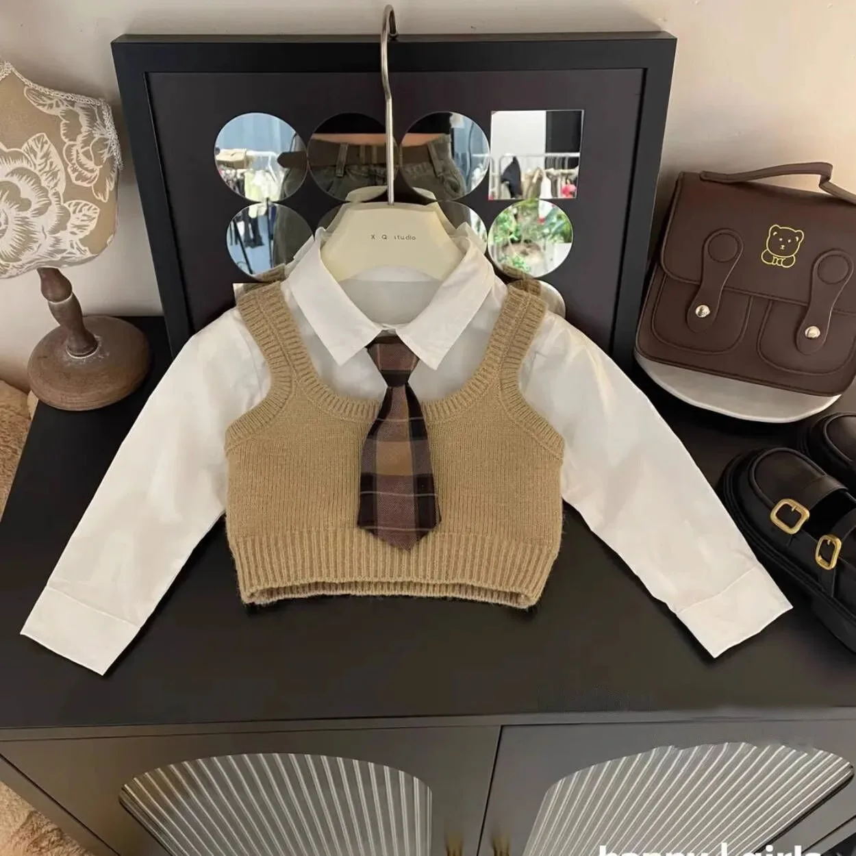 الفتيات ربيع الخريف الحلو والتوابل نمط الكلية نمط قميص محبوك سترة منقوشة مطوي تنورة نصف تنورة ثلاث قطع مجموعة #3