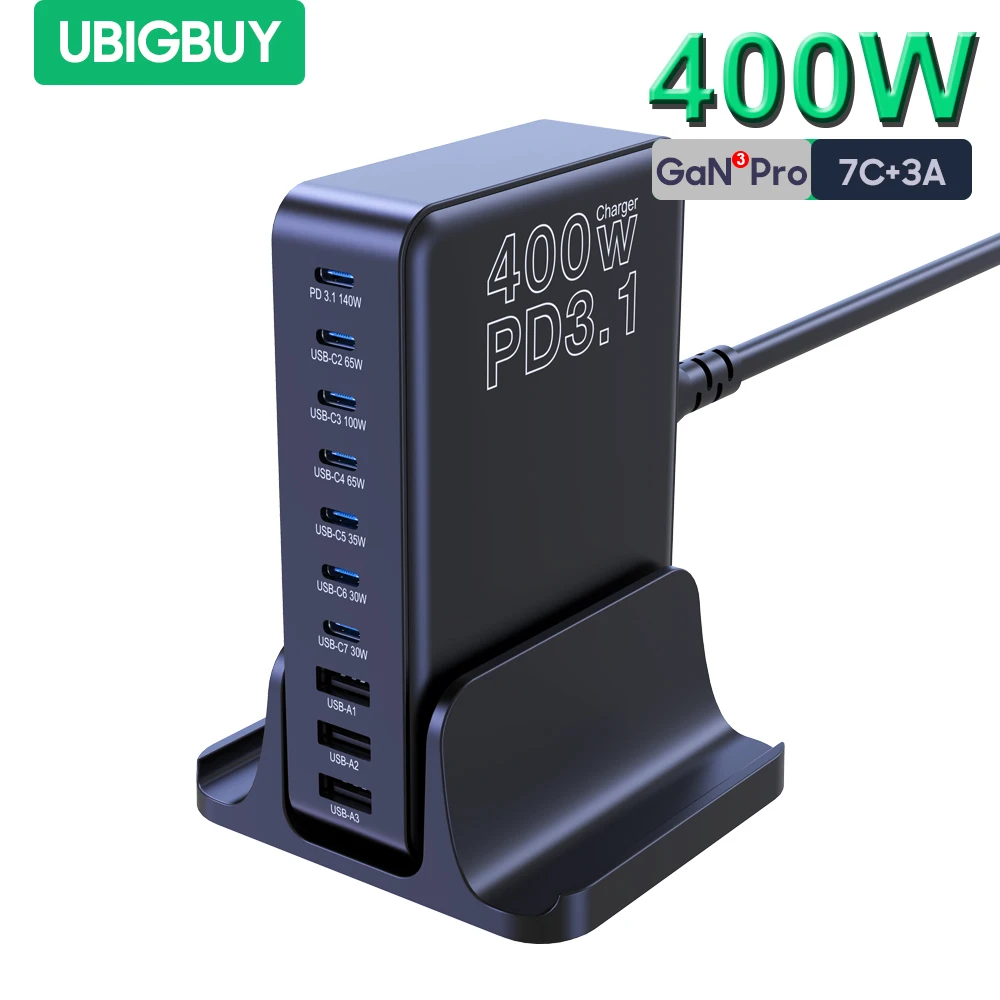 Ubigbuy 400W USB C Charger 10-Port Charging Station 140W Max Single Port PD 3.1 Fast Charger for MacBook Pro iPad iPhone Samsung