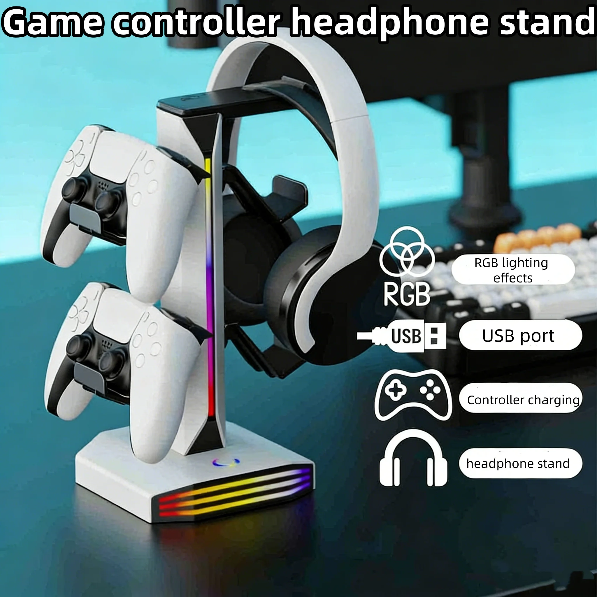 Desktop Display Multi Functional Sturdy Shelf Headphone Gaming Handle Stand RGB Light Music Headset Hanger with Type-C 2USB Port