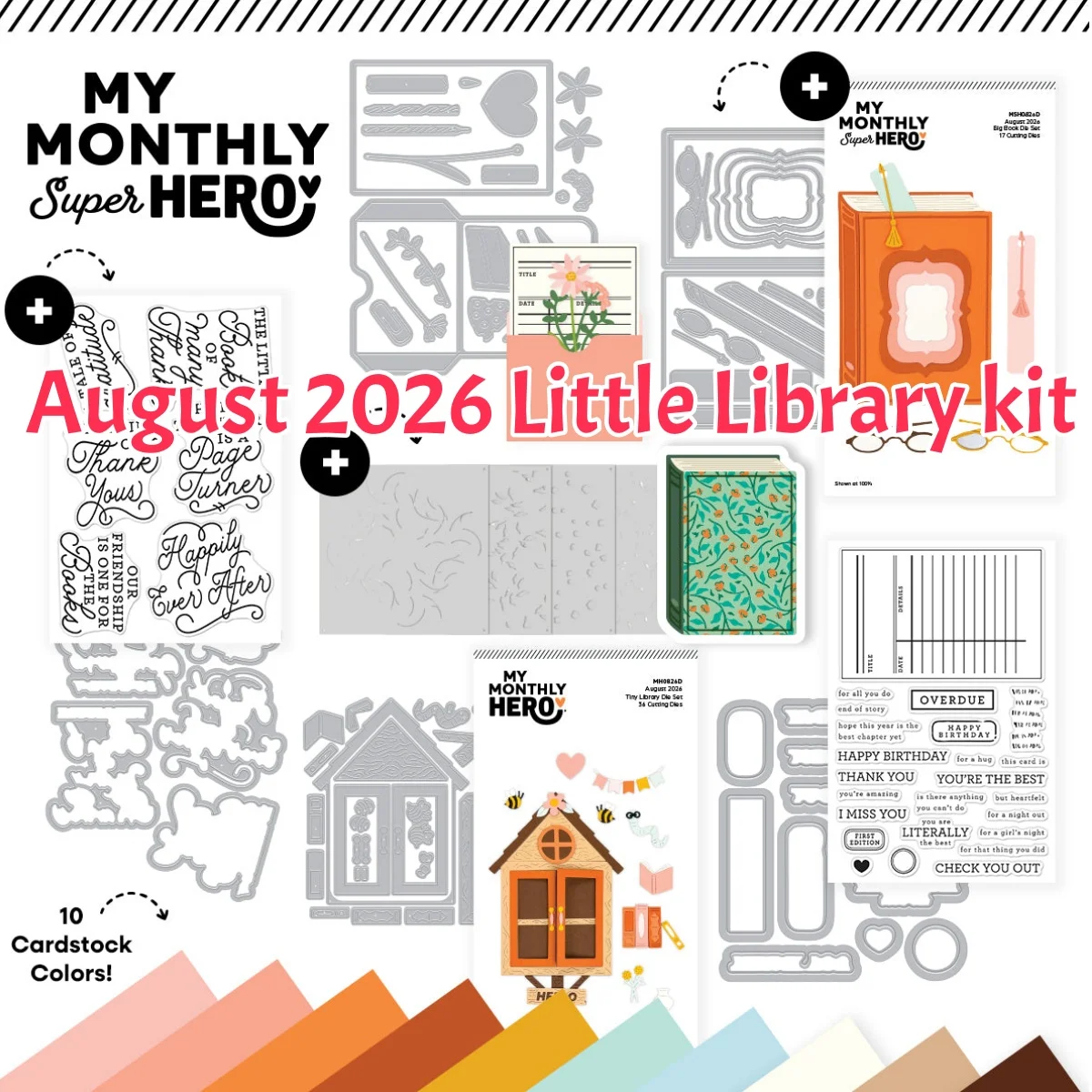 Agosto 2026 Kit Little Library: Matrizes de Corte de Metal, Carimbos Transparentes e Stencils para Decoração DIY, Scrapbook, Papel, Cartões e Gravação em Relevo