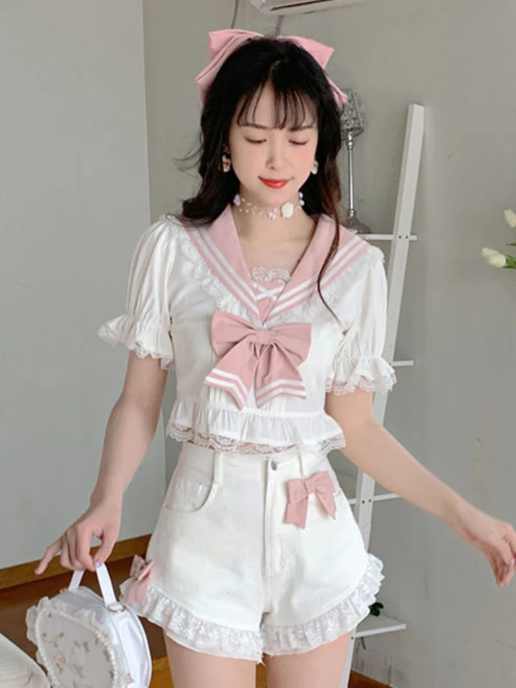 Two Piece White Set Women Summer Lace Sexy Kawaii Set Female Japanese Casual Designer Bow Chic High Waist Sweet Set 2022 New