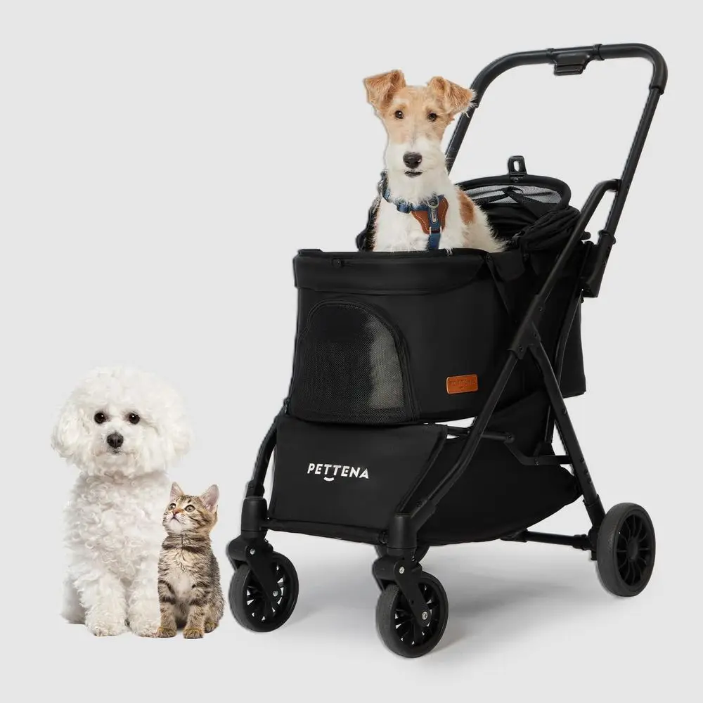 

4-Wheel Pet Stroller for Small Dogs and Cats Up to 44 lbs, Portable Travel Carrier with Storage Basket and Breathable Mesh, Blac