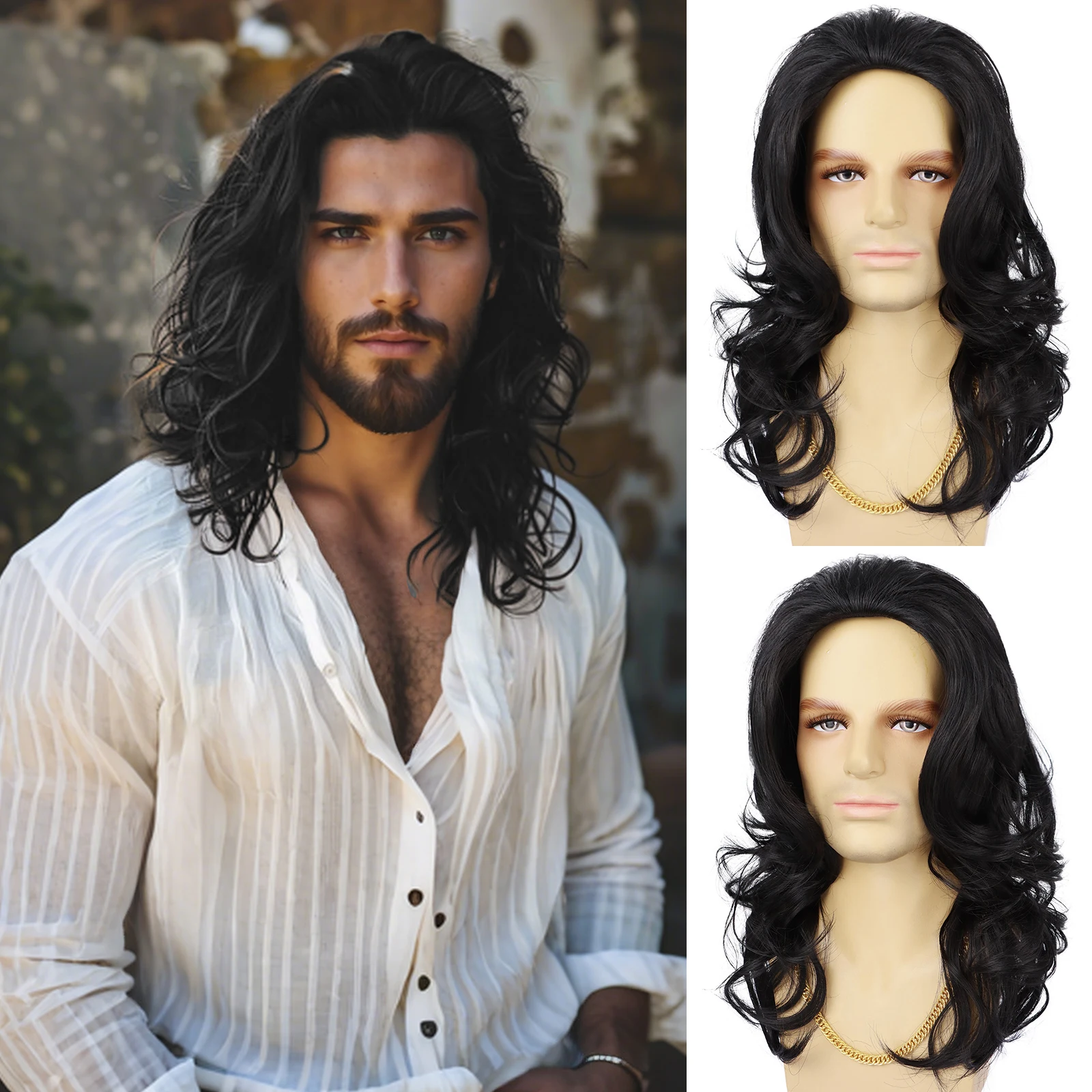 Synthetic Mullet Wigs for Men Brown Replacement Wigs 70s 80s Curly Retro Disco Rocker Punk Fancy Party Cosplay Costume Mens Full