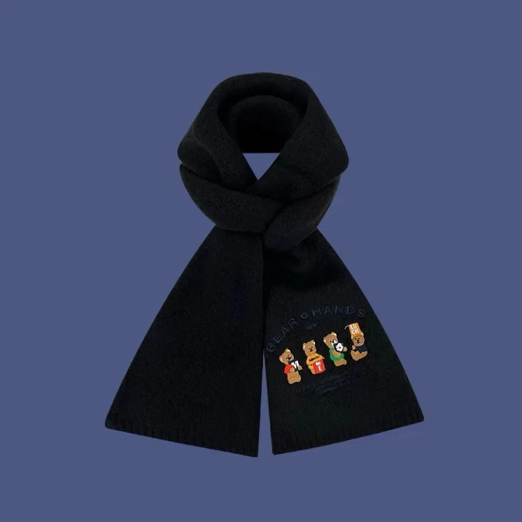 Women\'s Cozy Containing Wool Bear Embroidery Wool Scarf New Women\'s Winter Premium Feeling Warm Knitted College Style Scarf Lady