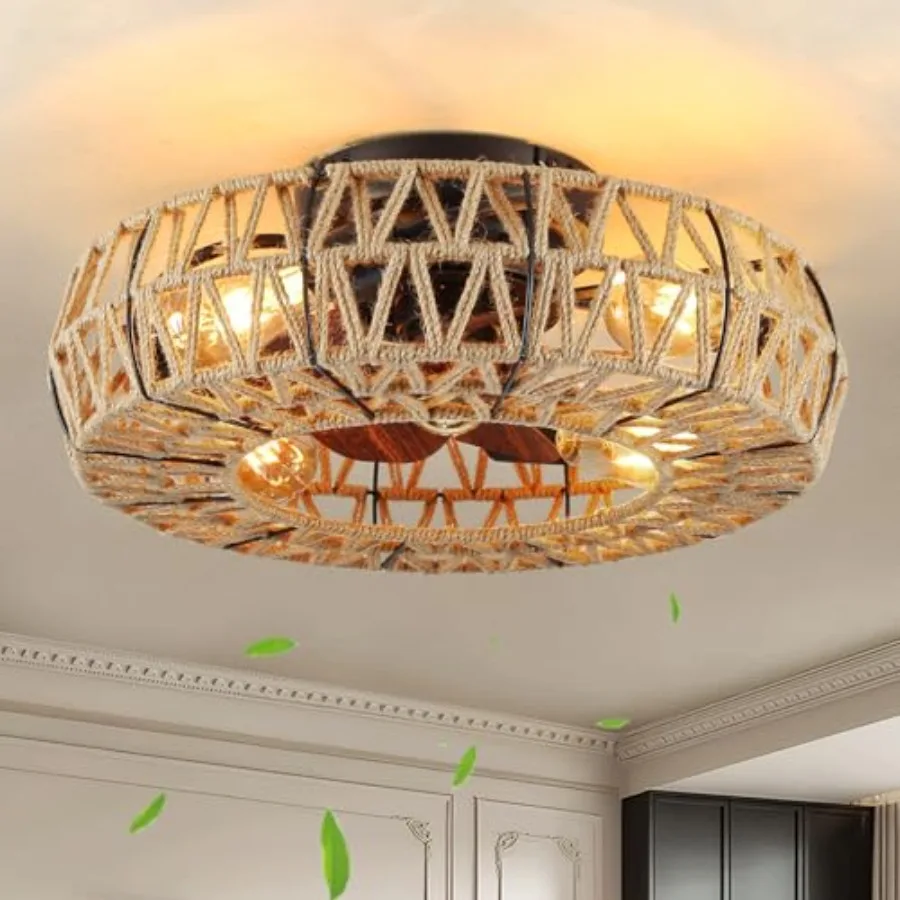 

20 Inch Boho Caged Bladel Ceiling Fan with Light, Flush Mount Rattan Fandelier Ceiling Fans Lights and Remote Contro, Enclosed