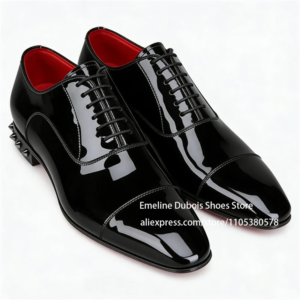 Glossy Patent Leather Shoes Lace up Spiked Back Rivet Decor Heel Men Dress Wedding Shoes Business Office Daily Wear Plus Size
