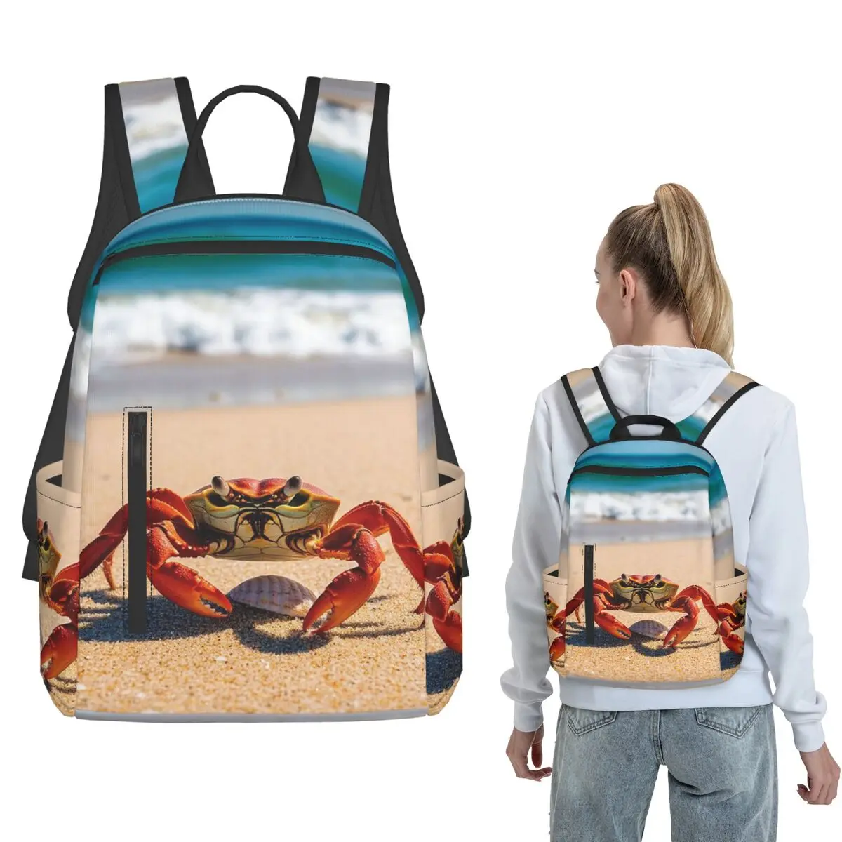 Crab And Shell At The Beach Backpack Large Capacity Kids BookBag School Bag Shoulder Bags for Men Women