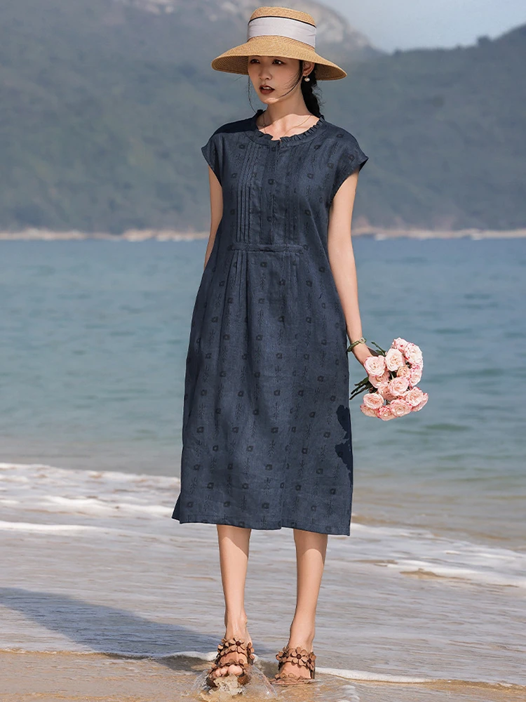 

100% Linen Women Casual Dress New Arrival 2026 Summer Vintage Print Loose Comfortable Female Sleeveless Long Dresses M2592