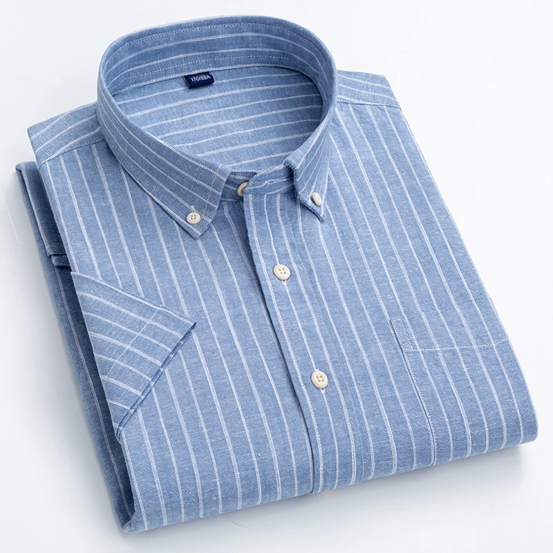 Linen cotton summer plaid short sleeve shirts for man slim fit formal plain shirt casual striped tops designer office clothes
