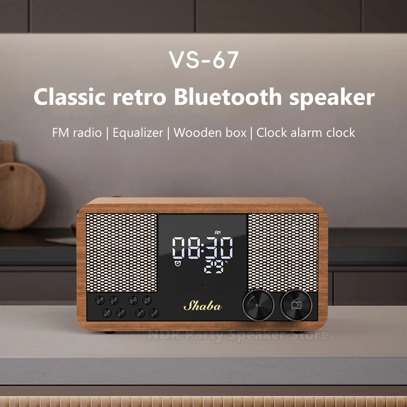 

VS-67 New Portable Wood Retro Blueteeth Speakers Home FM Radio Wireless Audio With LED Digital Alarm Clock High Quality Sound