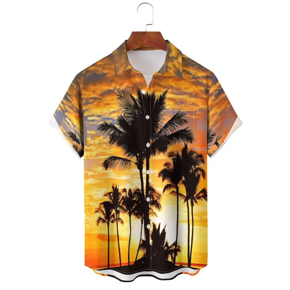 Men's Hawaiian Coconut Tree Pattern Shirts Summer Beach Sunset Shirt Men's Casual Short Sleeved Shirt Exquisite 3D Printed Shirt