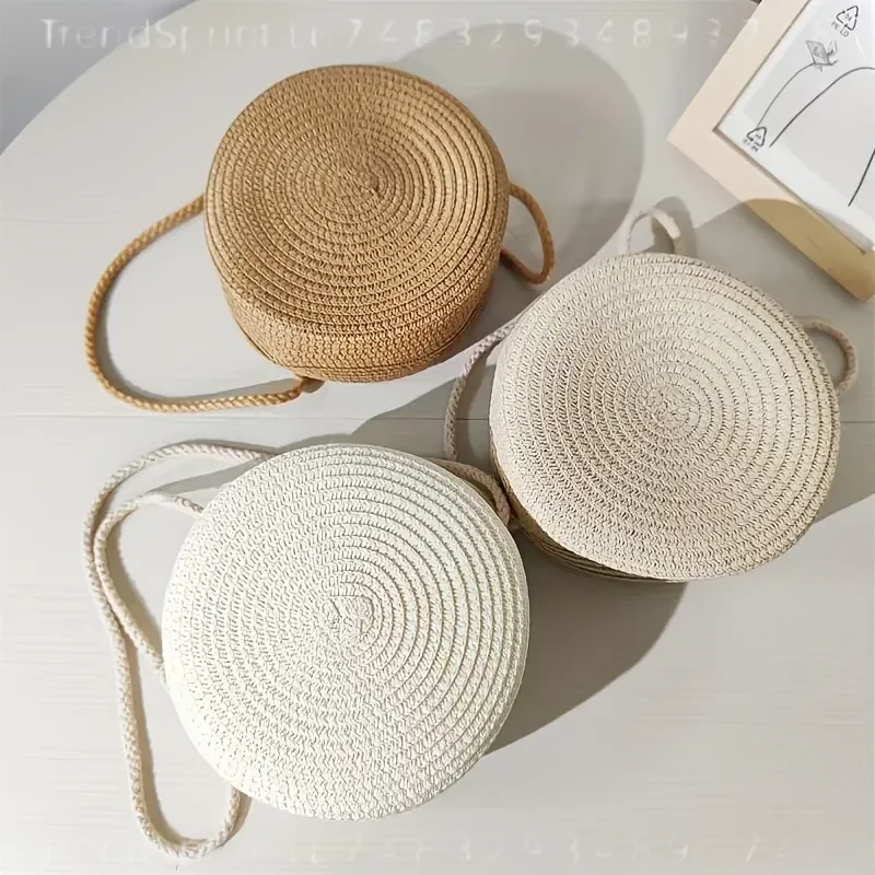 Round Woven Rattan Crossbody Bag for Women Handmade Knitted Straw Small Shoulder Beach Purse Natural Summer Holiday Accessory view 3
