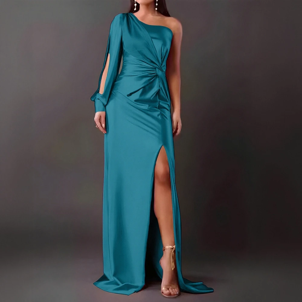 فستان نسائي أنيق بكتف واحد وأكمام طويلة للخريف ثنيات عالية الشق ميدي أساسيات عادية