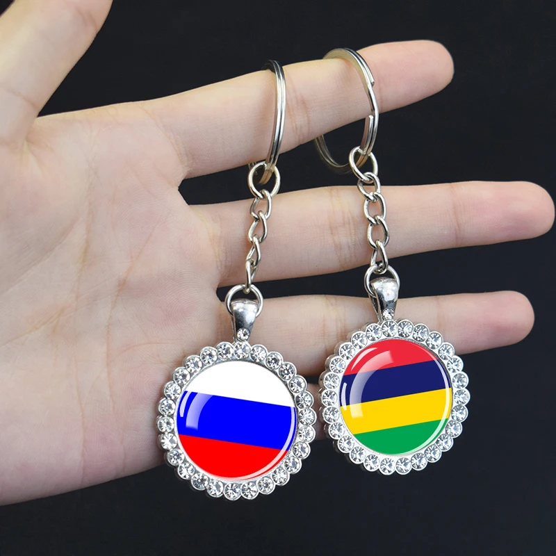 Country Flag Keychains Glass Dome Rhinestone Pendant Key Chains Flags Keyring Argentina Syria Sudan Lebanon Germany Russia Cuba