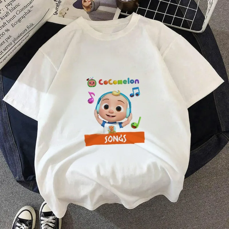 Cocomelon camiseta dos desenhos animados verão moda manga curta topo camiseta meninos e meninas topos verão streetwear branco crianças camisetas
