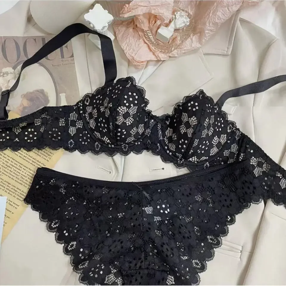 French Vintage Lingerie Women's Large Shoulder with Soft Underwire Holding Up A Thin Bra Set