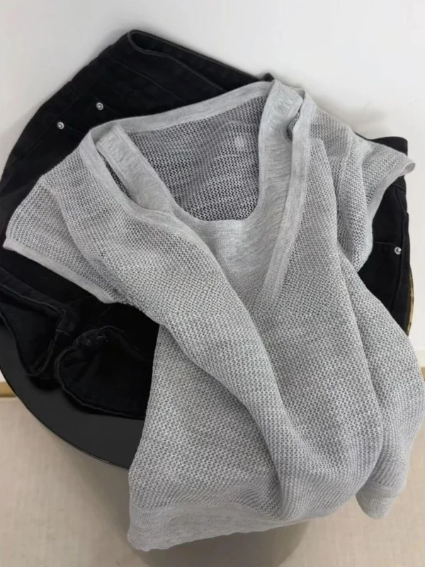 Elegant Grey Knitted Top with Fake Two-Piece Small Flying Sleeve V-Neck Women's Summer Fashion Korean Style Loose Fit Short S...