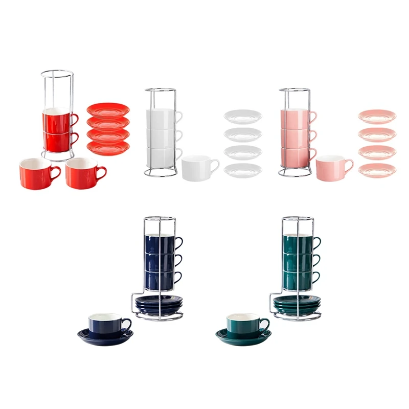 

Porcelain Stackable Cappuccino Cups With Saucers And Metal Stand, Espresso Cups For Latte Coffee Cafe,Specialty Coffee
