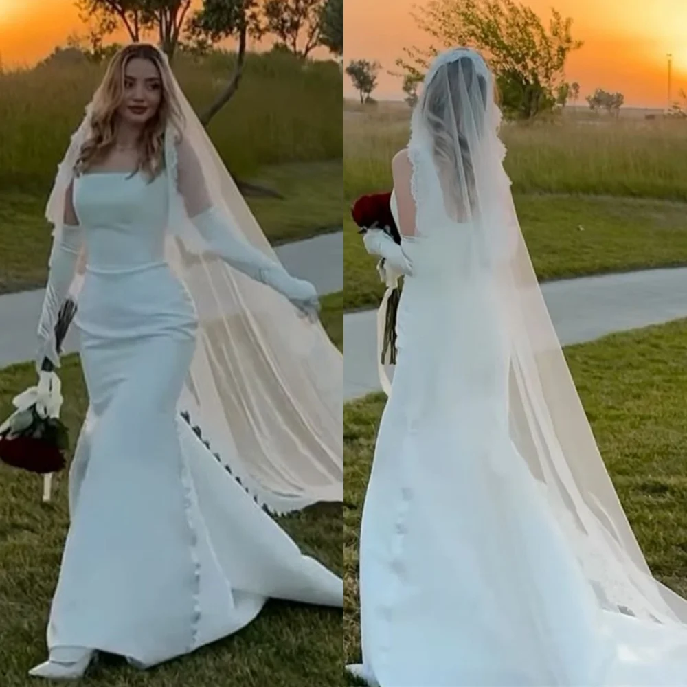 

Customized Exquisite White Satin Bridal Gowns Elegant Square Collar Detachable Sleeve Long Sleeves Wedding Dress Mermaid Dresses