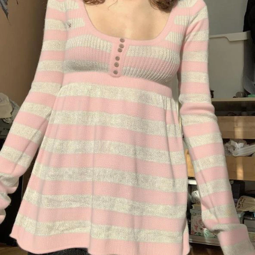 Dames gebreid zwart wit horizontaal gestreept T-shirt met lange mouwen ronde hals casual herfstmode uitgaan tops