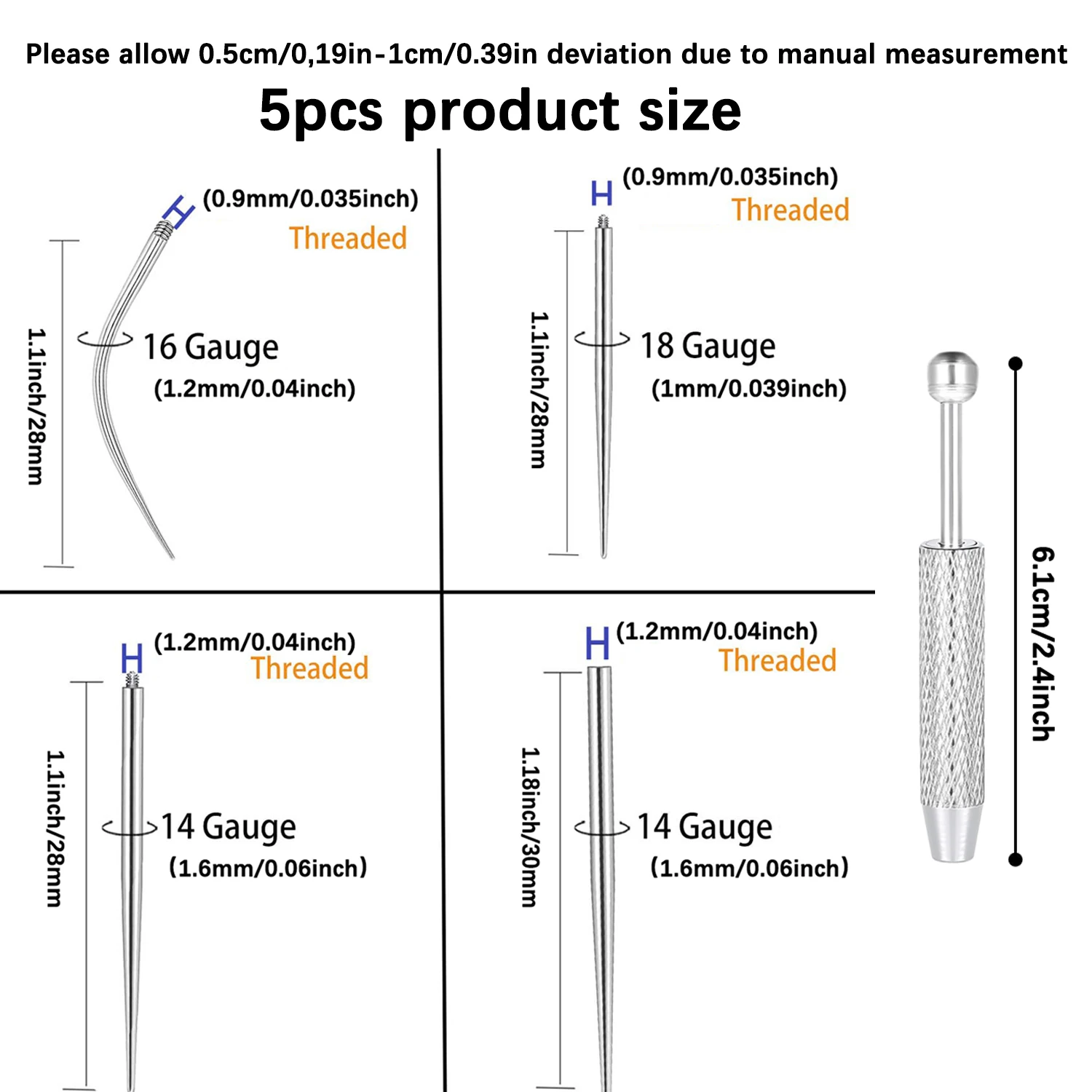 14/16/18 جرام طقم ثقب التيتانيوم موضوع داخلي منحني تفتق الإدراج دبوس أداة ل الزنمة اللولب الشفاه الأنف ثقب المجوهرات #3
