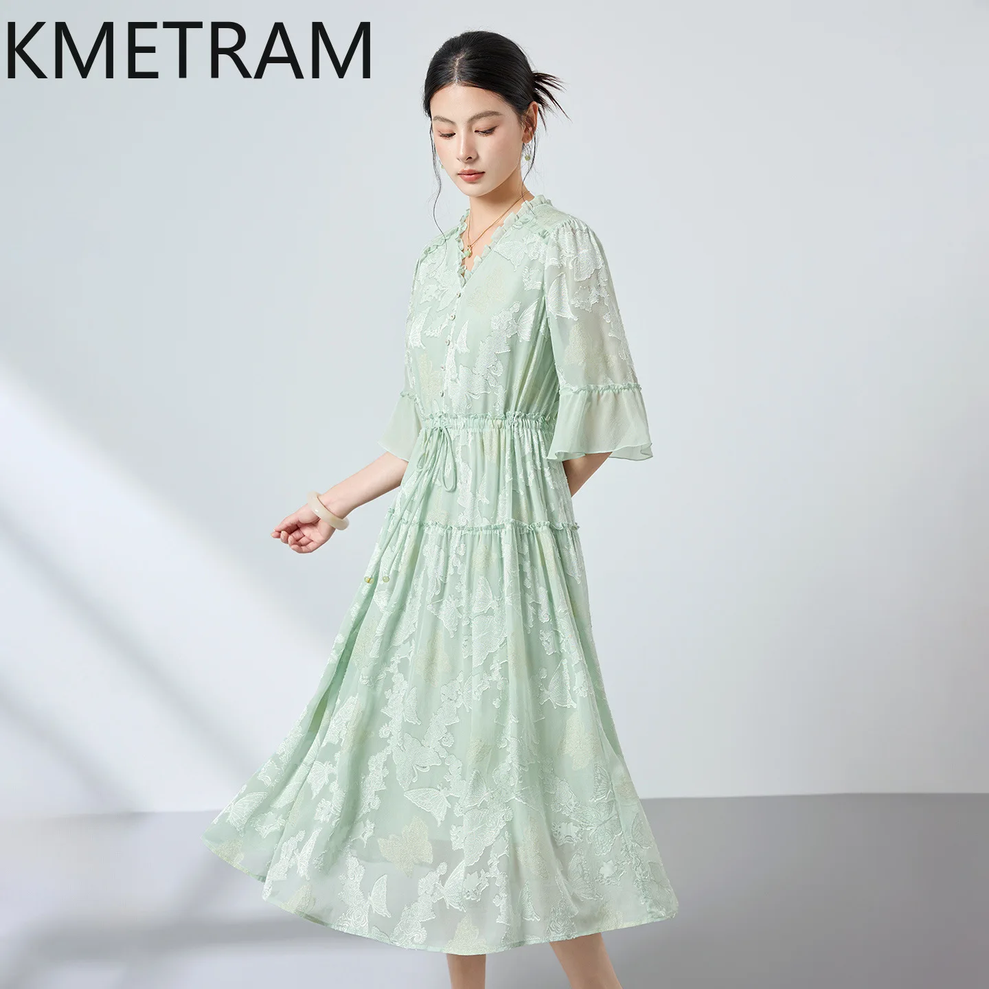 KMETRAM 100% Natural Mulberry Silk Dresses for Women Elegant V-Neck Midi Dress Flared Sleeve Summer Frocks Woman Clothes 2026원피스