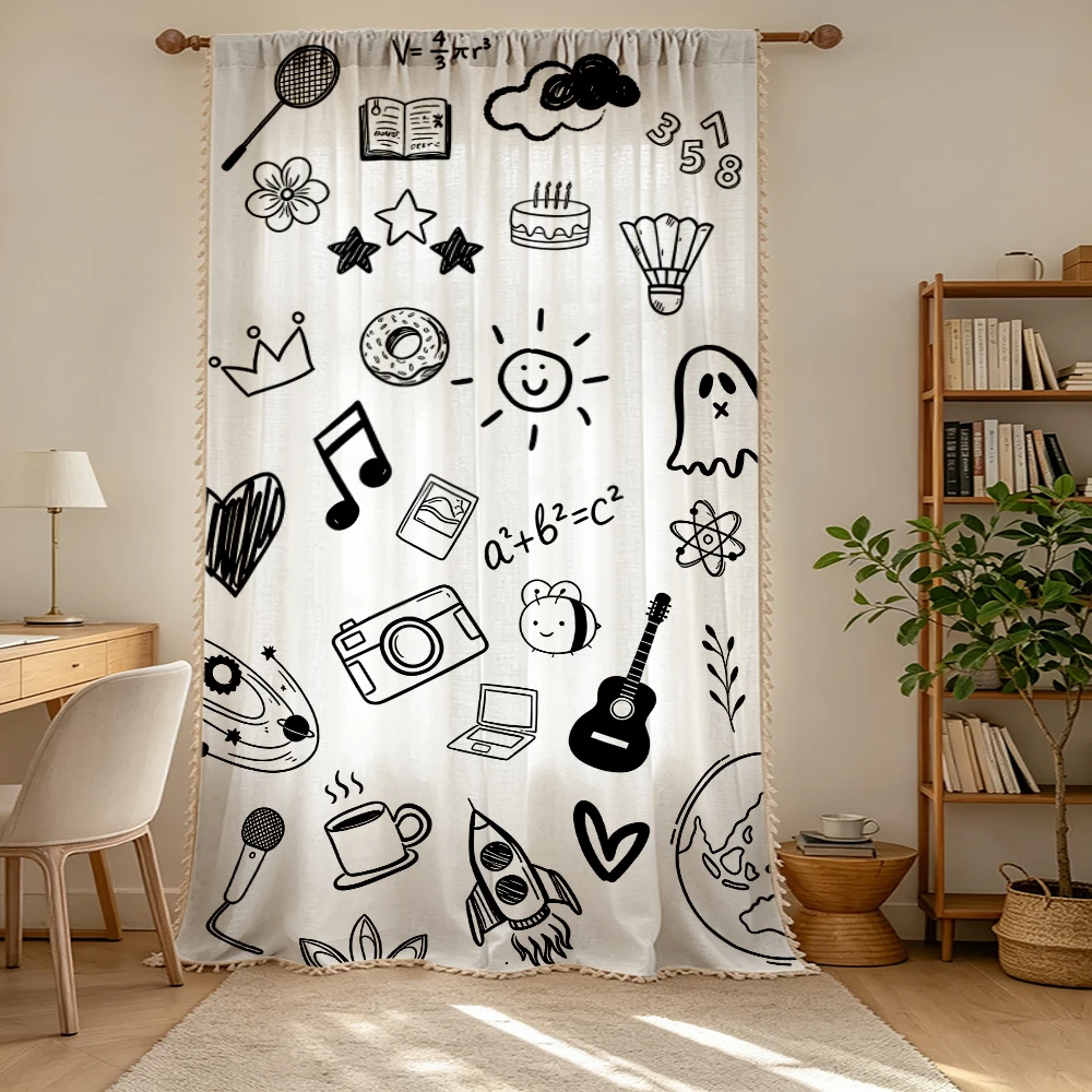 1PC Cartoon Tassel Sheer Curtains, Doodle Math Music Camera, Digital Print, Linen Polyester, Bedroom Living Room, Home Decor