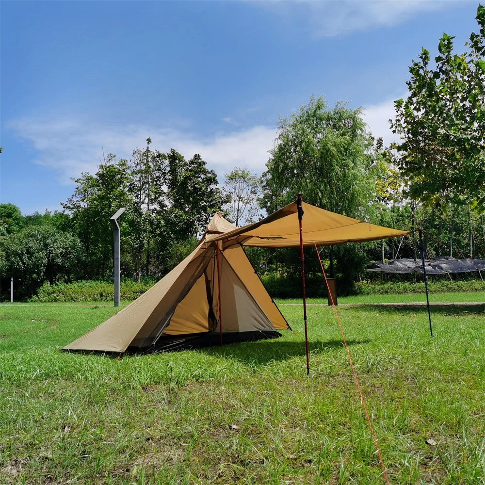 四隅に煙突が付いたキャンプ用薪ストーブ付きピラミッド型保温テ - Camping Quad のレビューと価格