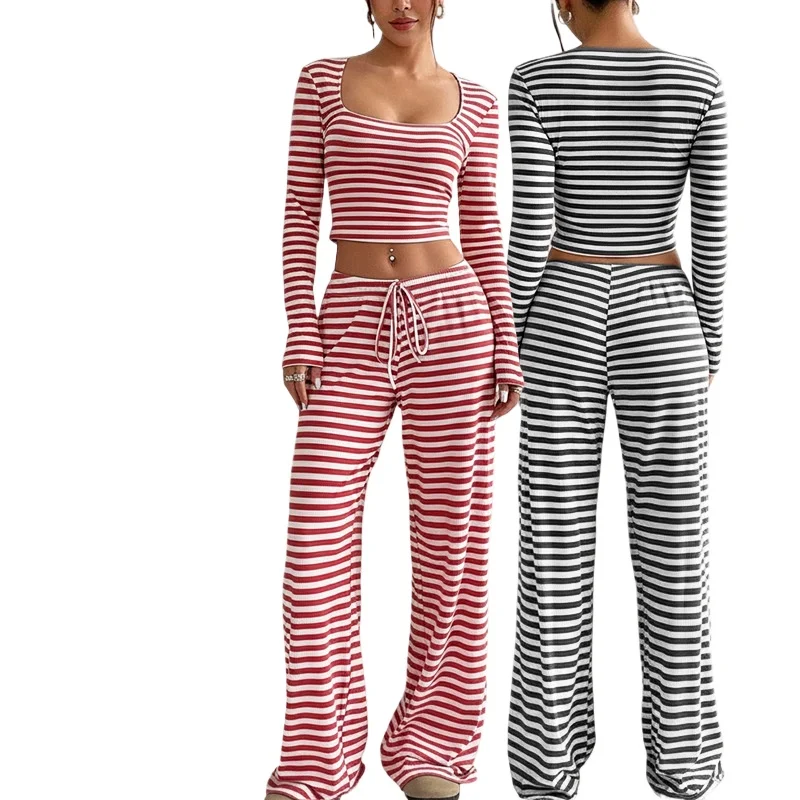 

Women Stripe Print Sexy Casual Pajama Set Long Sleeve Square collar pullover Top&Pants Comfortable Slim Fit Winter Nightwear