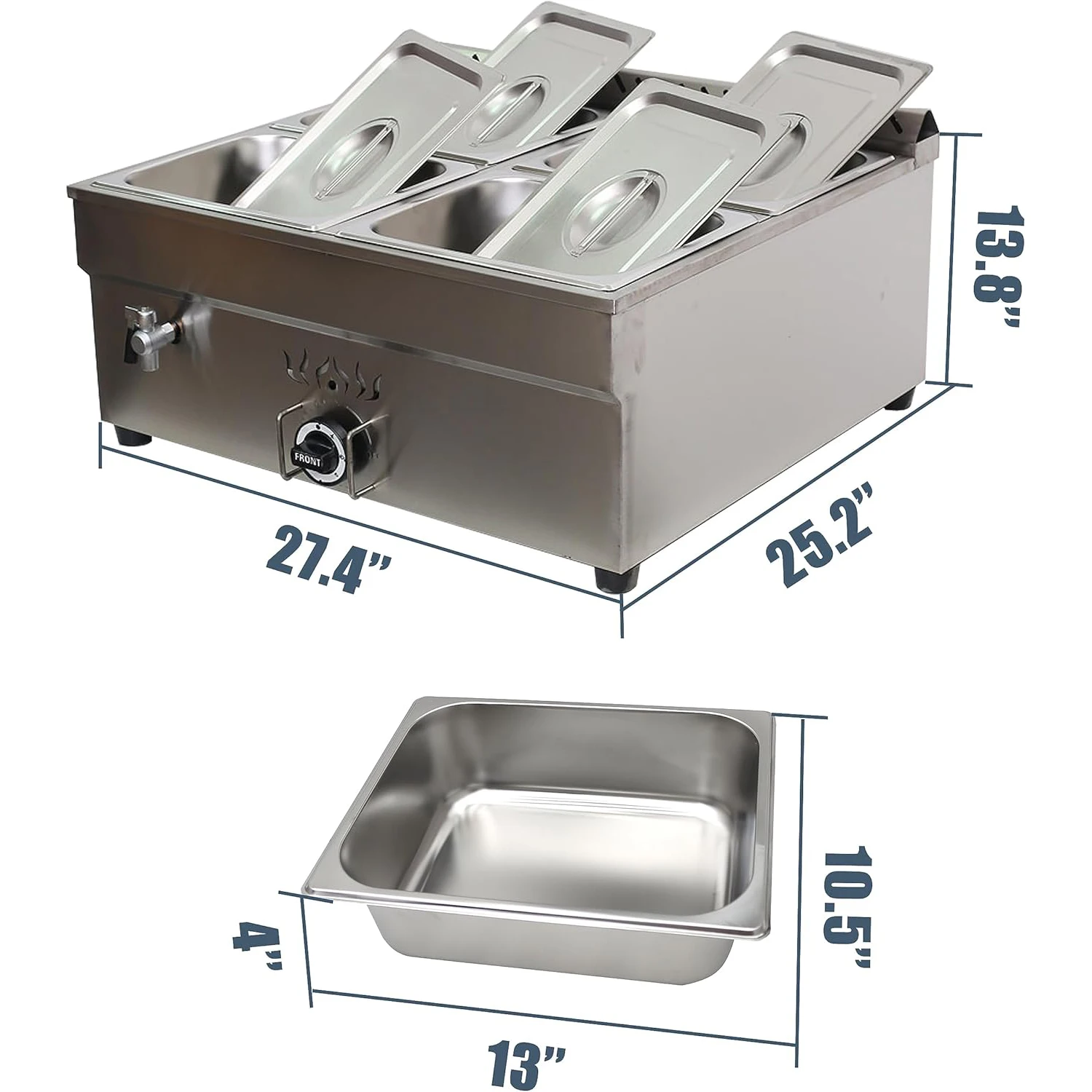 プロパンガスフードウォーマー、バンマリー、業務用スチームヒーター、スープストーブ、食堂、ビュッフェ用、12.8x10.5x4インチ、4つのパン、2列