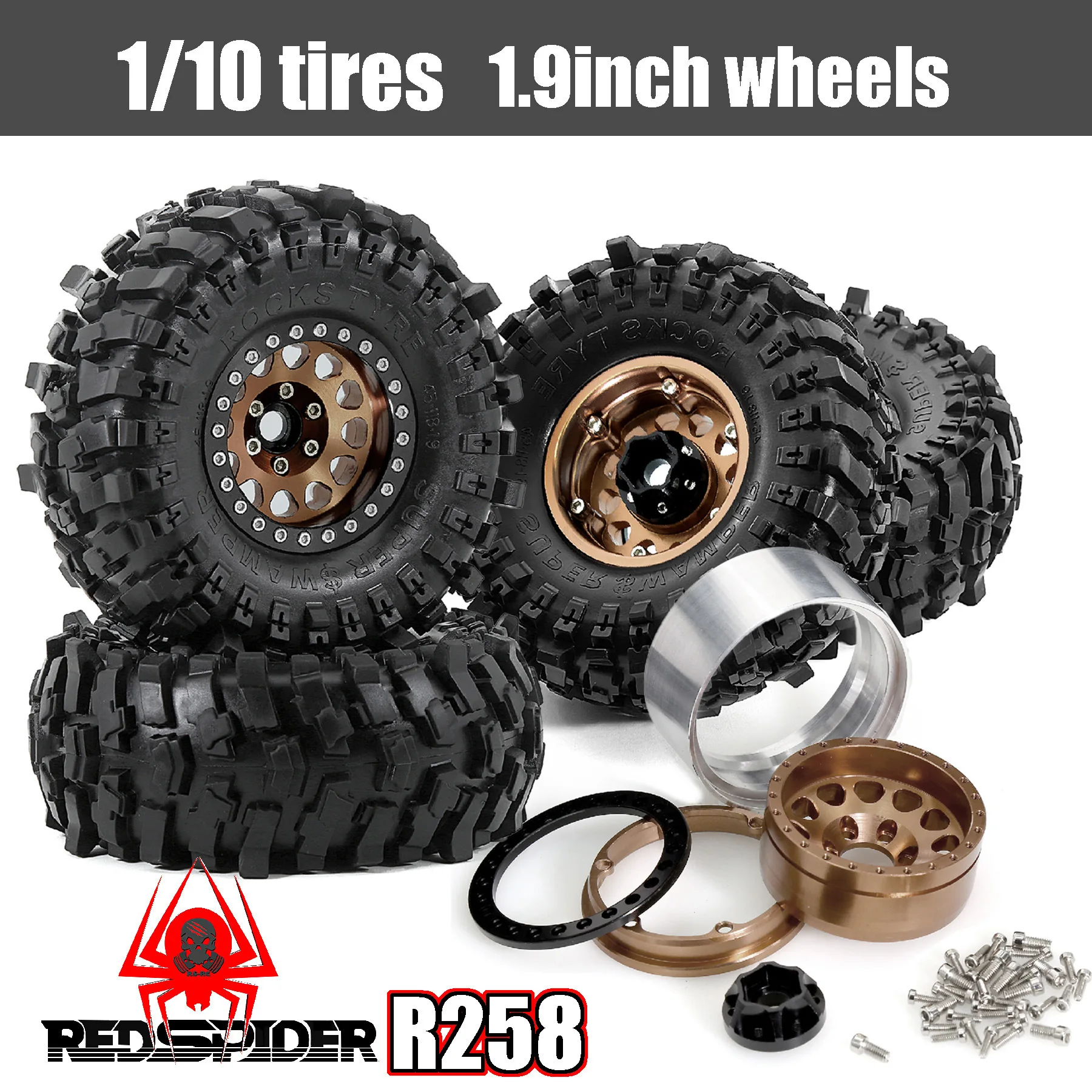 

Комплект из 4 металлических дисков 120 мм с бедлоком 1.9 дюйма и резиновыми шинами для радиоуправляемых краулеров 1/10 Traxxas TRX4, RC4WD, D90, Axial SCX10 II III, MST