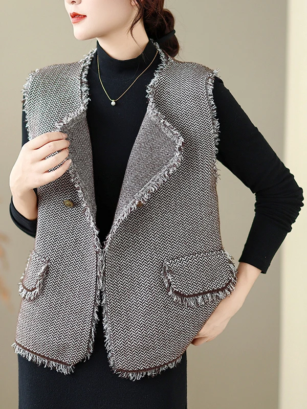 Faionable Gilet con frange Top da donna Autunno New Sle Small Fraance Sle Miscela di cotone Or Lunghezza Chiusura con bottone singolo