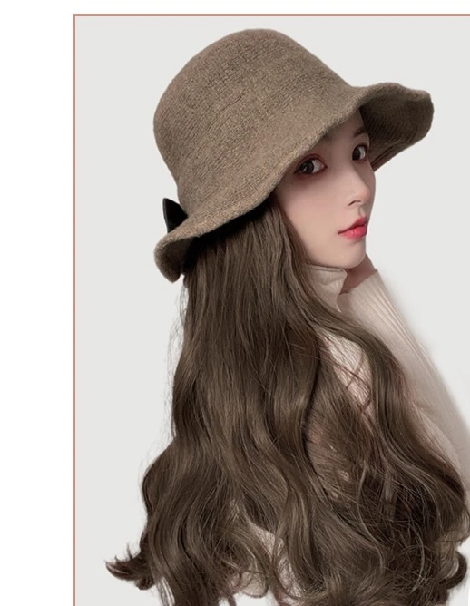 Wig female long hair wig hat integrated bucket hat long curly hair autumn and winter