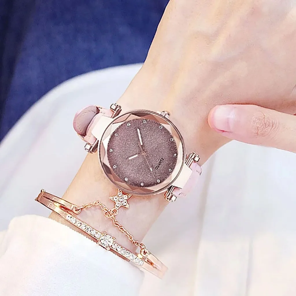 Relojes informales para mujer, reloj romántico con cielo estrellado, pulsera de cuero con diamantes de imitación, reloj de diseñador para mujer, vestido sencillo, reloj para mujer