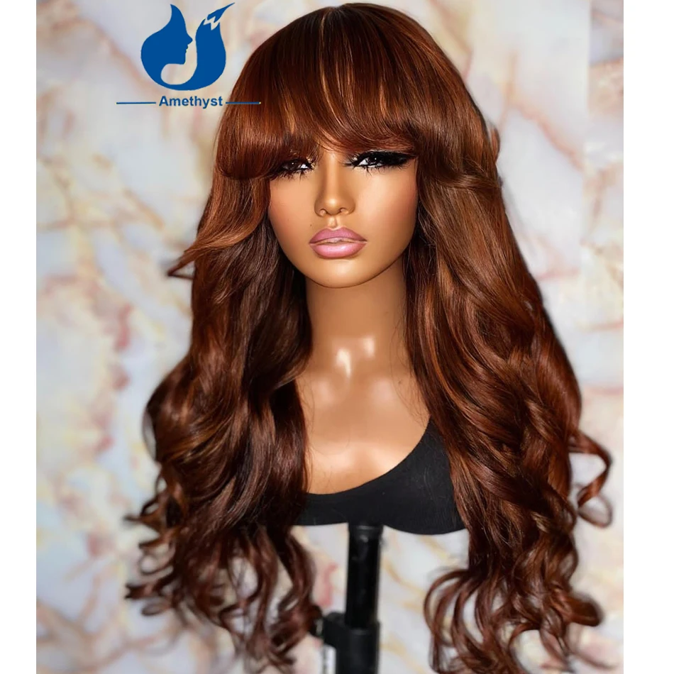 

Amethyst Dark Ginger Orange Body Wave Full Machine Made Human Hair Bang Wig for Women Brazilian Remy Hair Scalp Top 150%-200%