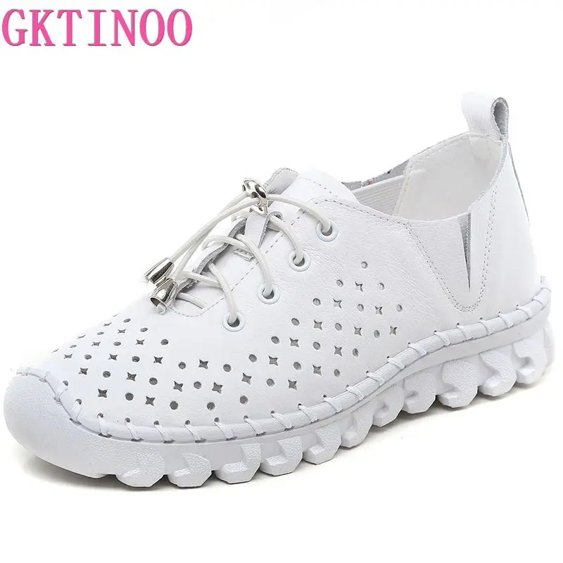 Handmade Genuine Leather Women Shoes Fashion Casual Sneakers Hollow Out Flats Ladies Lacing Loafers Breathable Vulcanized Shoe