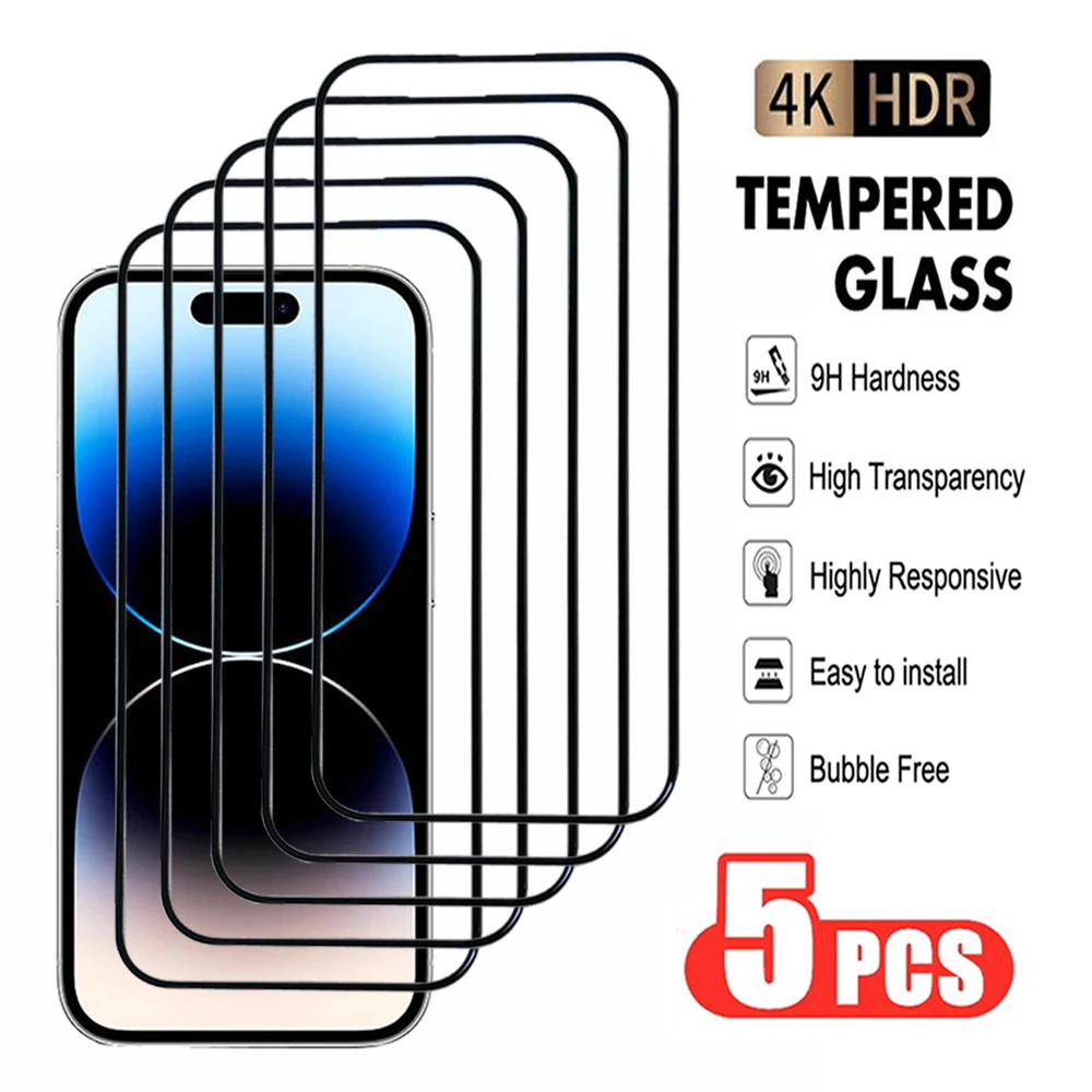 5Pcs Transparent Tempered Glass For iPhone 13 14 15 Plus Pro Max Full coverScreen Protector For iPhone 13 mini Protective Film