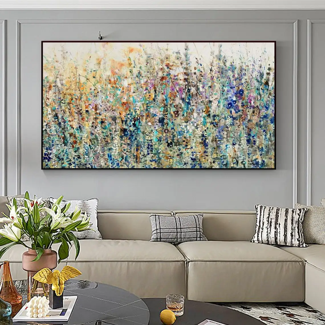 Abstract Flowers Oil Painting Canvas Large Modern Colorful Flower Field Landscape Texture Hand Painted Painting Wall Art Decor