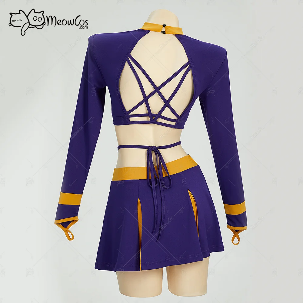 MEOWCOS Women Jennifer Cosplay Halloween Gothic Costume Purple Cheerleader Cutout Backless Top Skirt Set